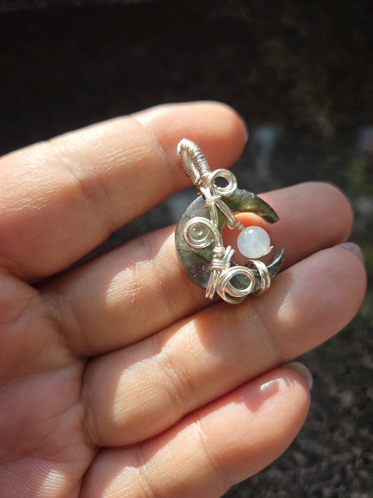Labradorite and Moonstone Moon Pendant